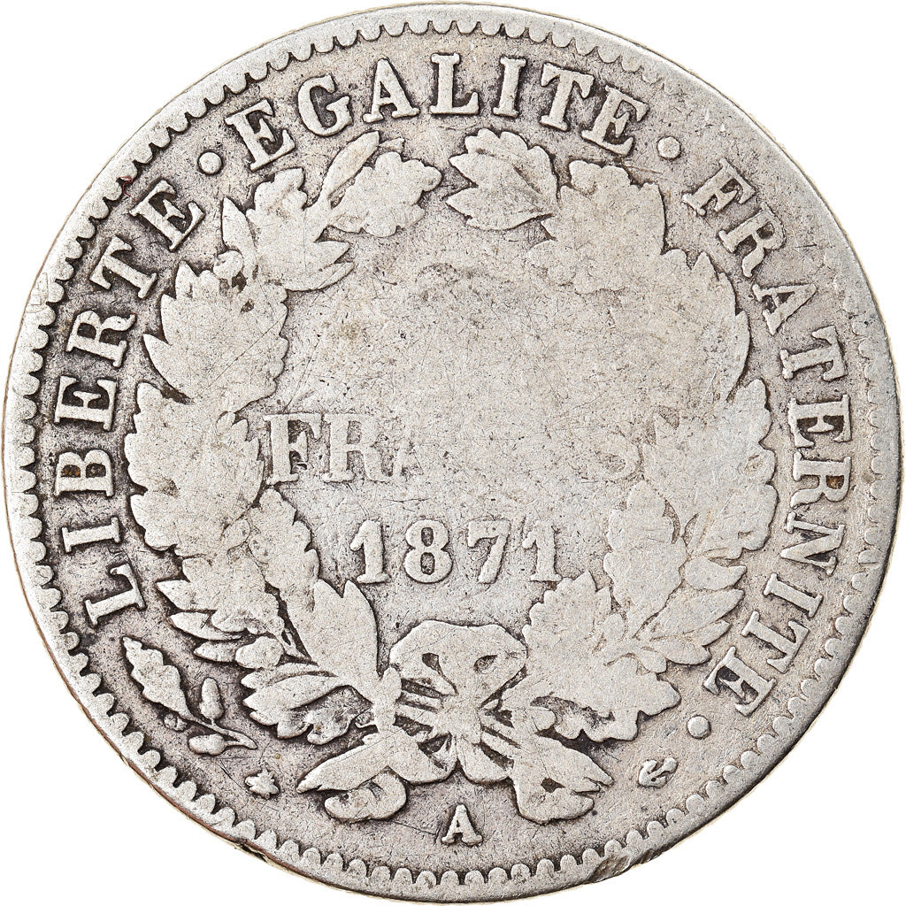 Moneta, Francja, Cérès, 2 Francs, 1871, Paris, VF(20-25), Srebro, KM:817.1