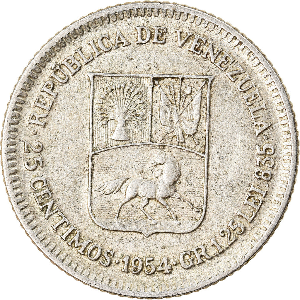 Coin, Venezuela, 25 Centimos, 1954, Philadelphia, EF(40-45), Silver, KM:35