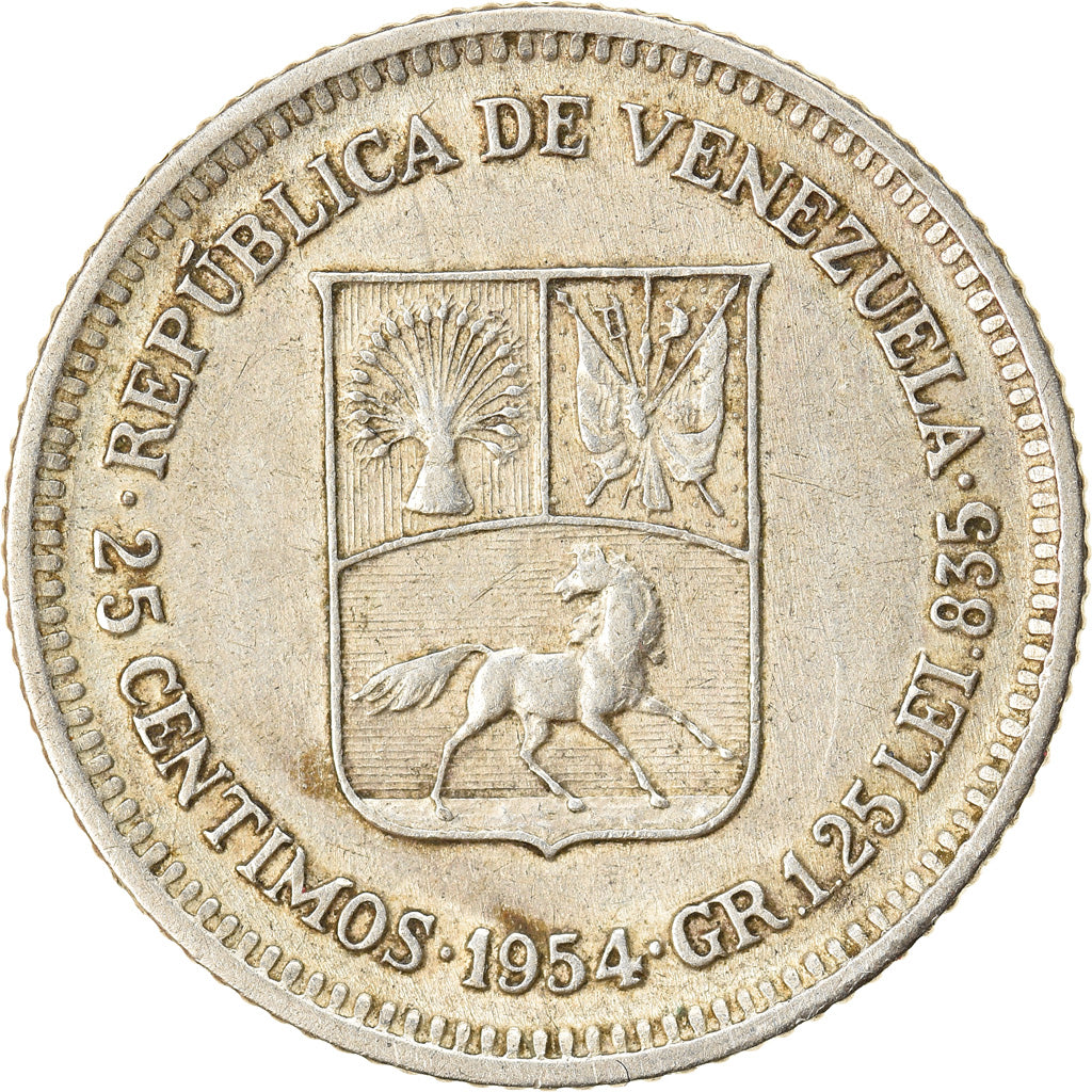Moneta, Venezuela, 25 Centimos, 1954, Philadelphia, BB, Argento, KM:35