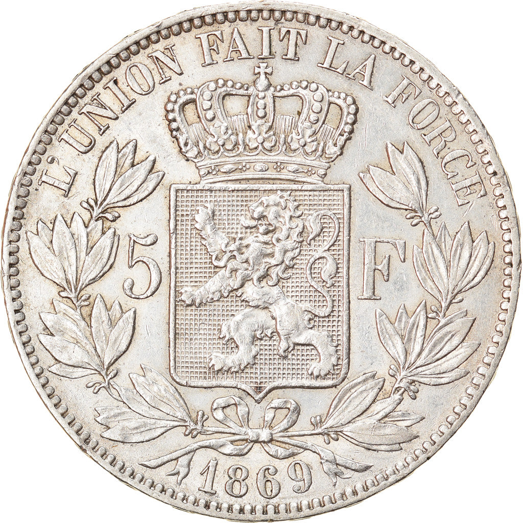 Moneta, Belgia, Leopold II, 5 Francs, 5 Frank, 1869, EF(40-45), Srebro, KM:24