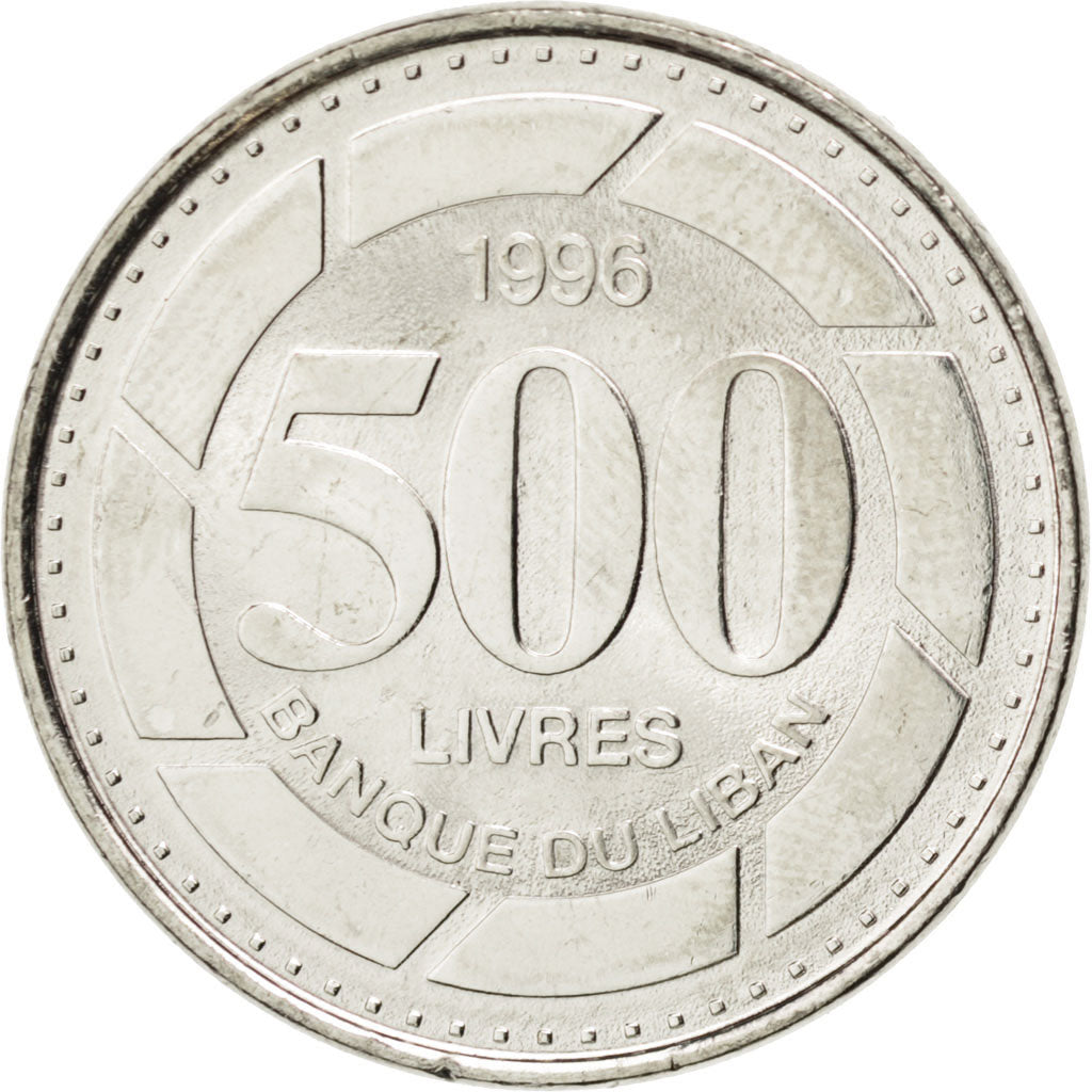 Moneta, Liban, 500 Livres, 1996, MS(63), Nickel platerowany stalą, KM:39