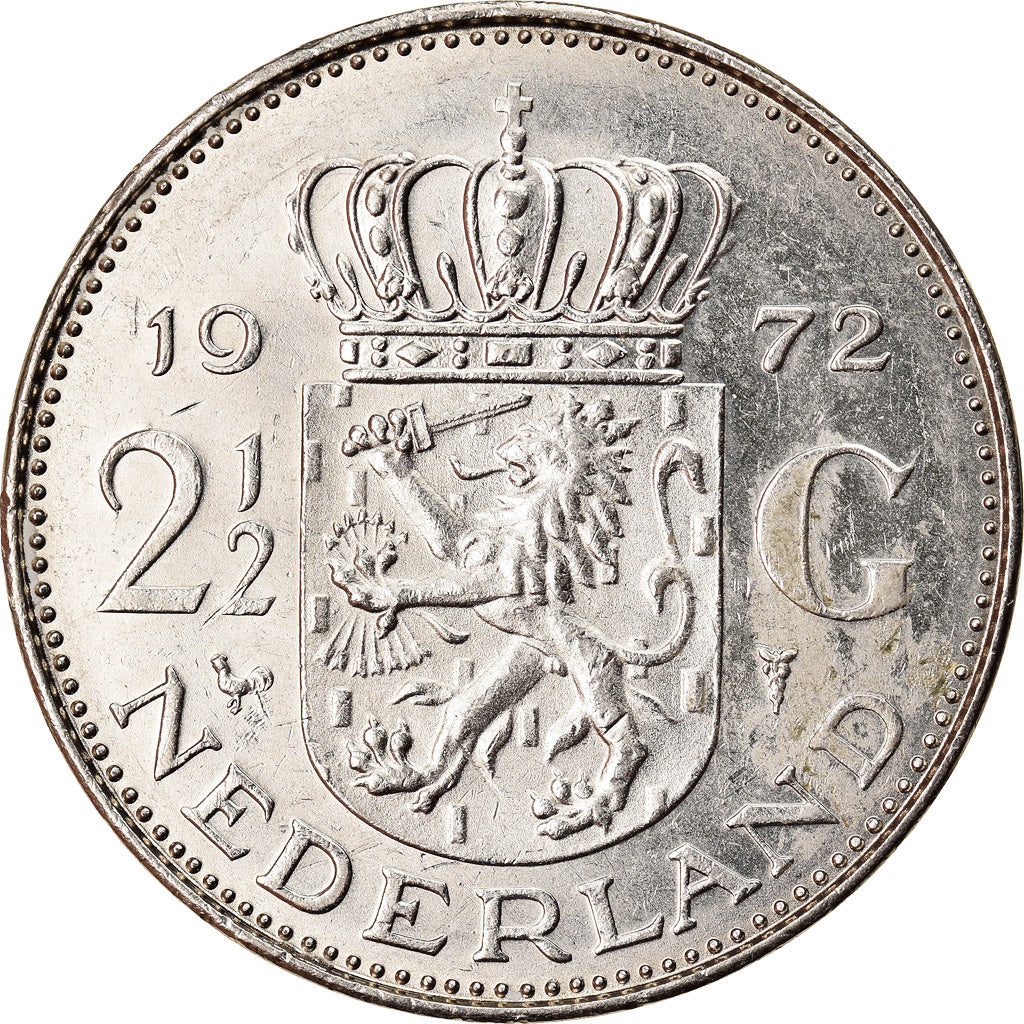 Coin, Netherlands, Juliana, 2-1/2 Gulden, 1972, AU(50-53), Nickel, KM:191