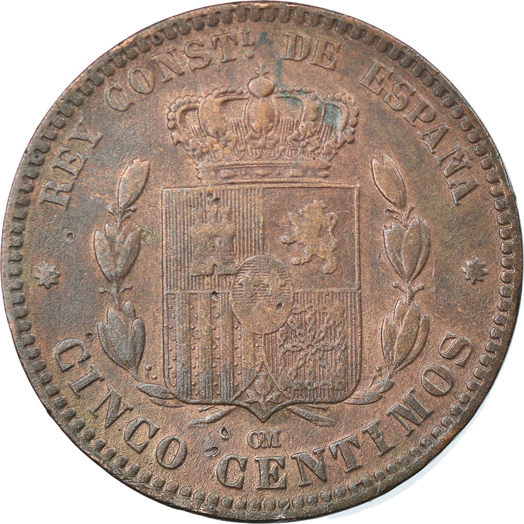 Coin, Spain, Alfonso XII, 5 Centimos, 1878, Barcelona, EF(40-45), Bronze, KM:674
