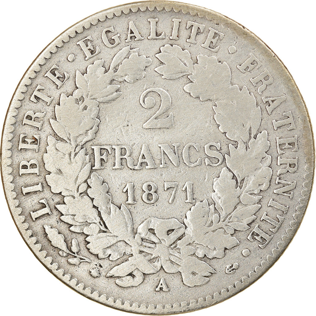 Coin, France, Cérès, 2 Francs, 1871, Paris, VF(20-25), Silver, KM:817.1