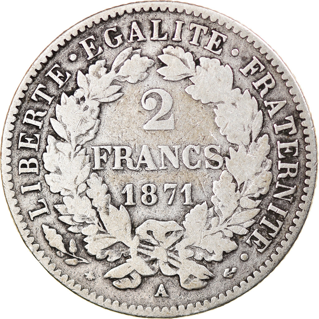 Moneta, Francia, Cérès, 2 Francs, 1871, Paris, MB, Argento, KM:817.1