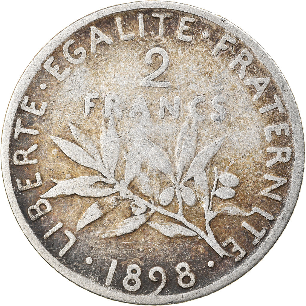 Moneda, Francia, Semeuse, 2 Francs, 1898, Paris, BC+, Plata, KM:845.1