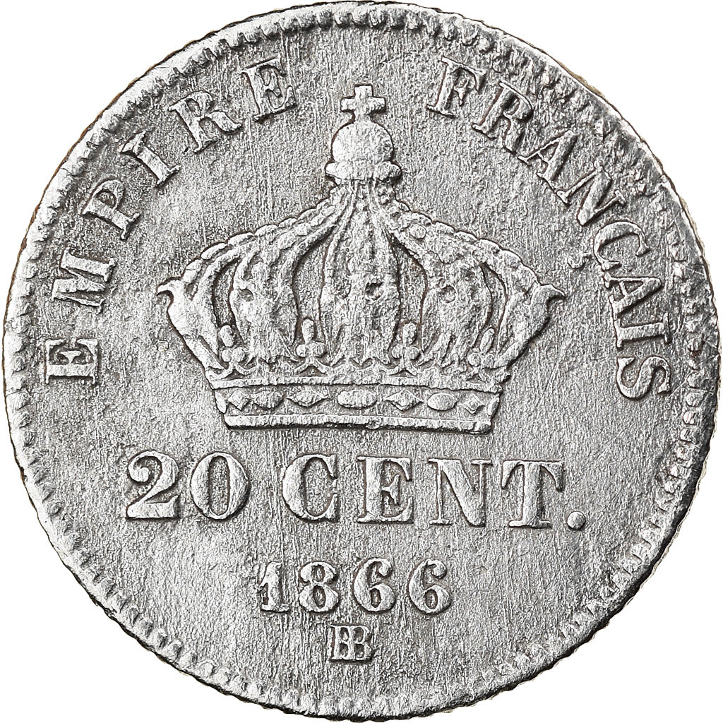 Moneda, Francia, Napoleon III, 20 Centimes, 1866, Strasbourg, BC+, Plata