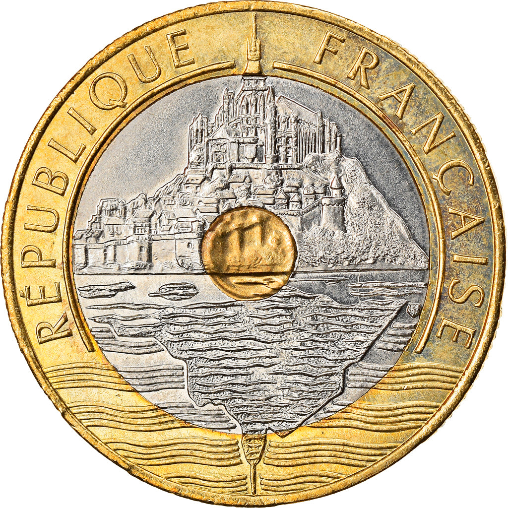 Moeda, França, Mont Saint Michel, 20 Francs, 1992, AU(55-58), Trimetálico