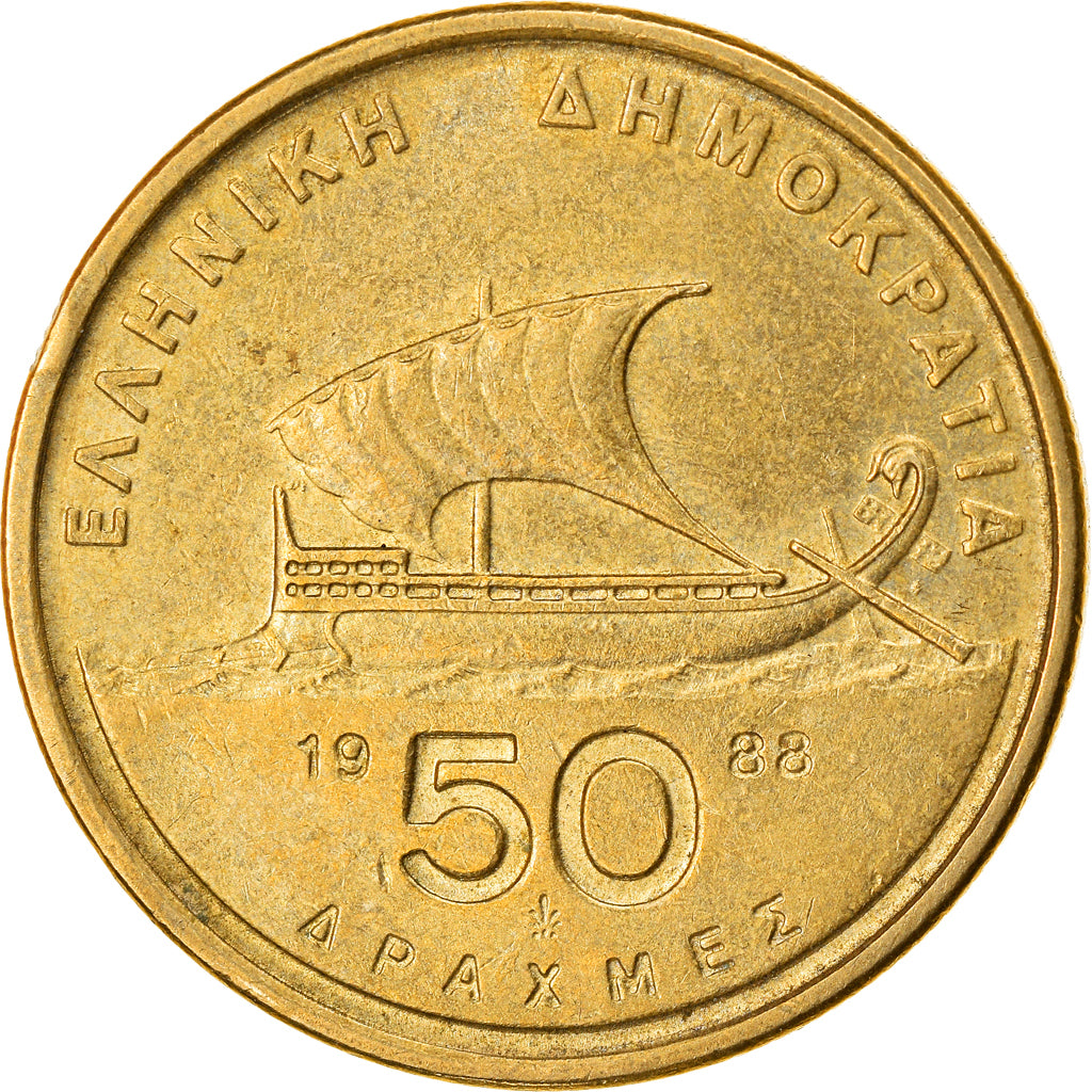 Coin, Greece, 50 Drachmes, 1988, AU(50-53), Aluminum-Bronze, KM:147