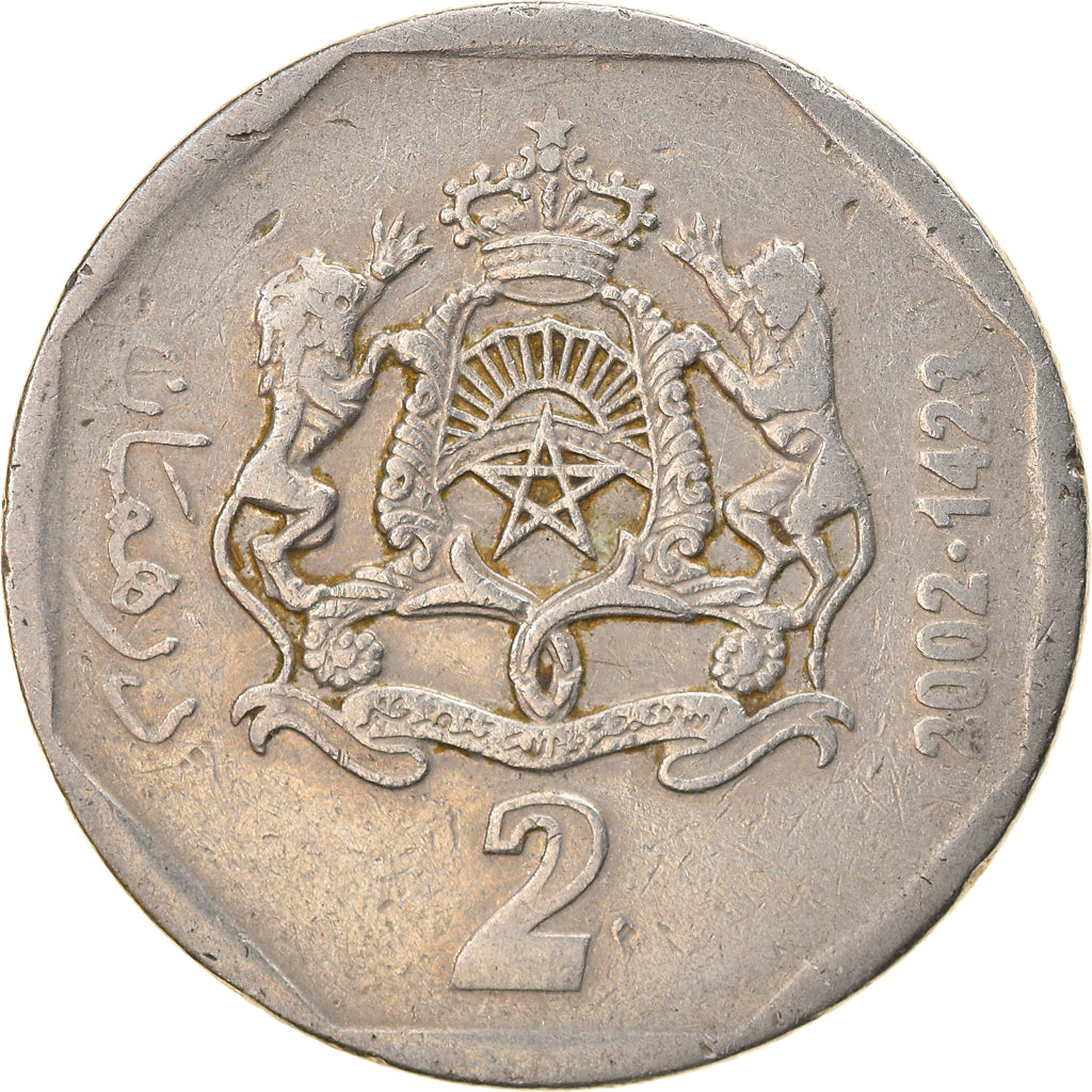 Coin, Morocco, Mohammed VI, 2 Dirhams, 2002/AH1423, EF(40-45), Copper-nickel