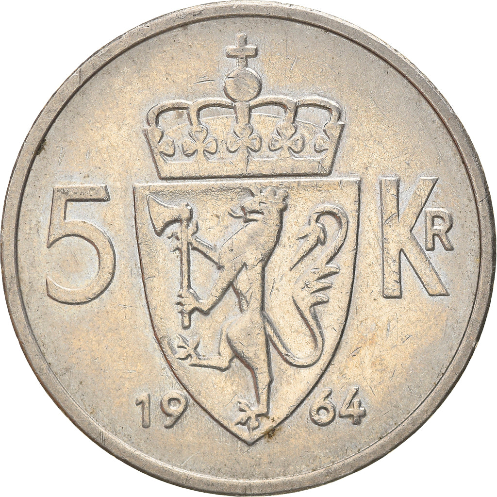 Moneda, Noruega, Olav V, 5 Kroner, 1964, MBC, Cobre - níquel, KM:412