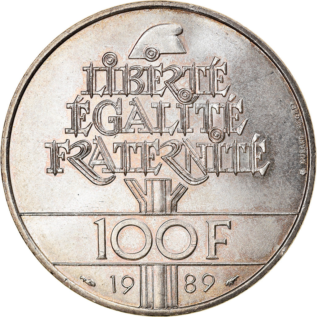 Moeda, França, Droits de l'Homme, 100 Francs, 1989, MS(60-62), Prata, KM:970
