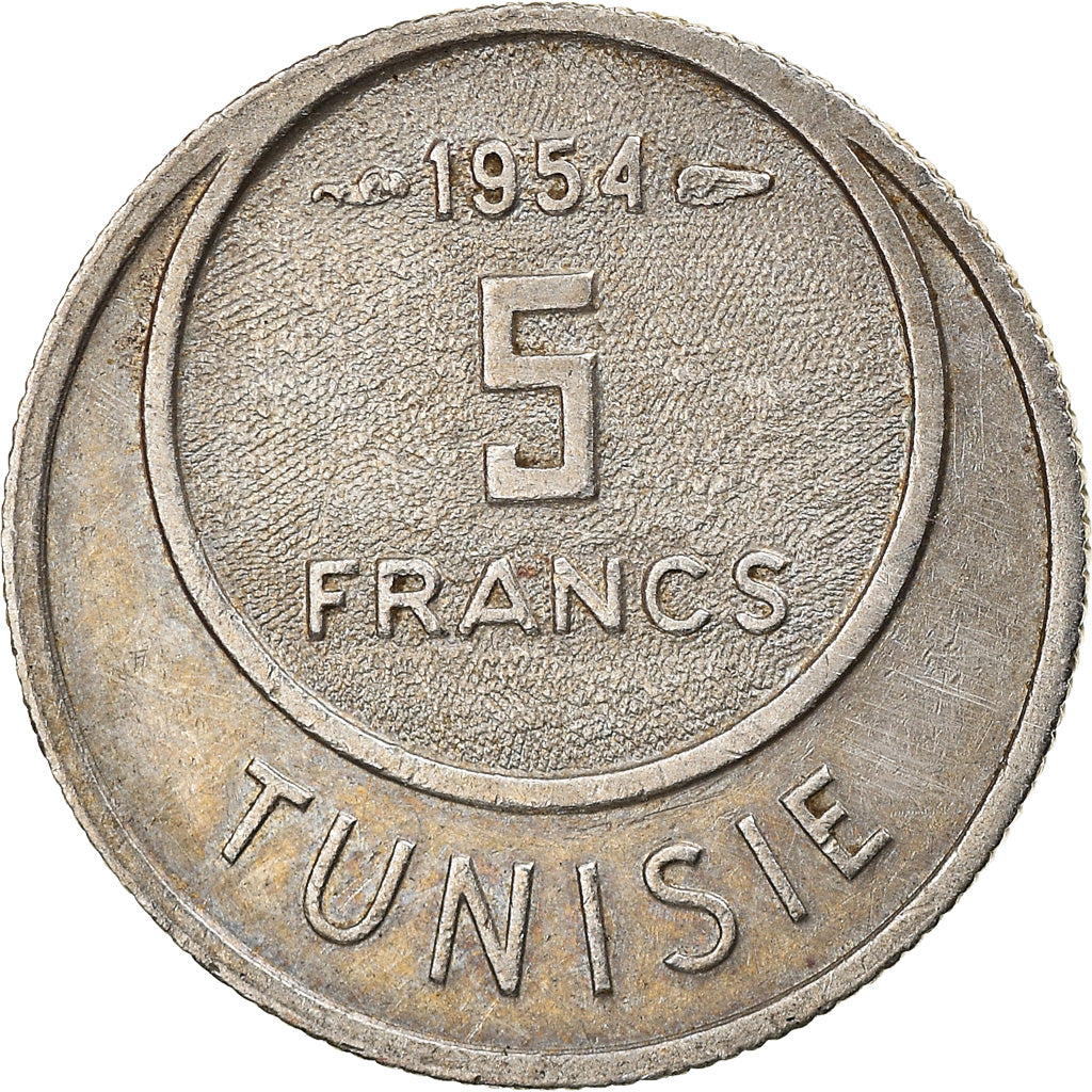 Moneda, Túnez, Muhammad al-Amin Bey, 5 Francs, 1954, Paris, MBC, Cobre -