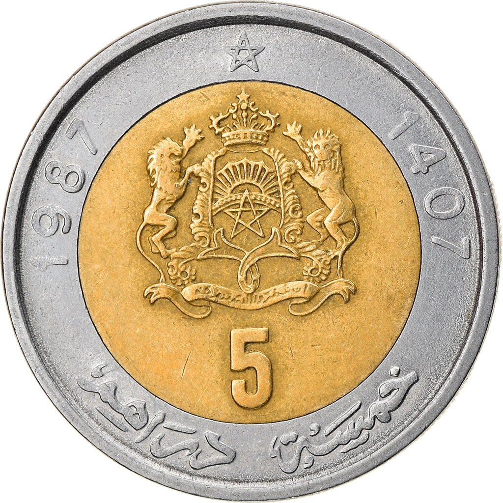 Monnaie, Maroc, al-Hassan II, 5 Dirhams, 1987/AH1407, TTB, Bi-Metallic, KM:82