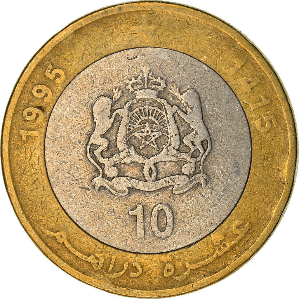 Coin, Morocco, al-Hassan II, 10 Dirhams, 1995/AH1415, VF(30-35), Bi-Metallic