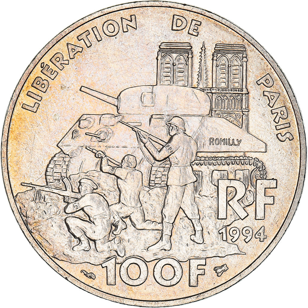 Moeda, França, Libération de Paris, 100 Francs, 1991, AU(50-53), Prata
