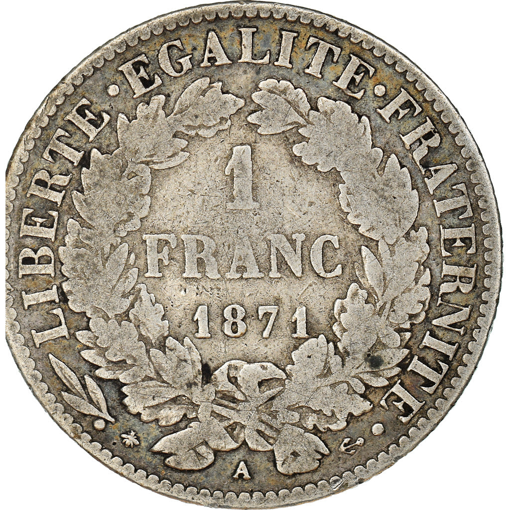 Moneta, Francia, Cérès, Franc, 1871, Paris, MB+, Argento, KM:822.1