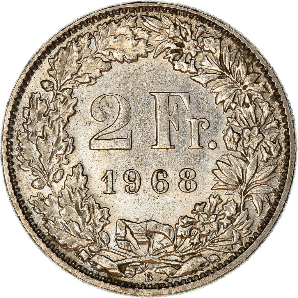 Moeda, Suíça, 2 Francs, 1968, Bern, AU(55-58), Cobre-níquel, KM:21a.1