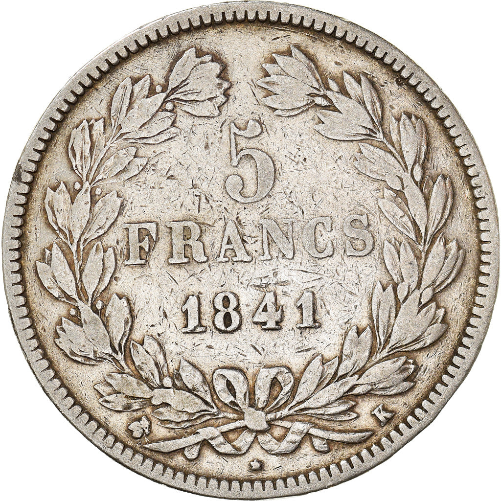 Moneda, Francia, Louis-Philippe, 5 Francs, 1841, Bordeaux, BC+, Plata, KM:749.7