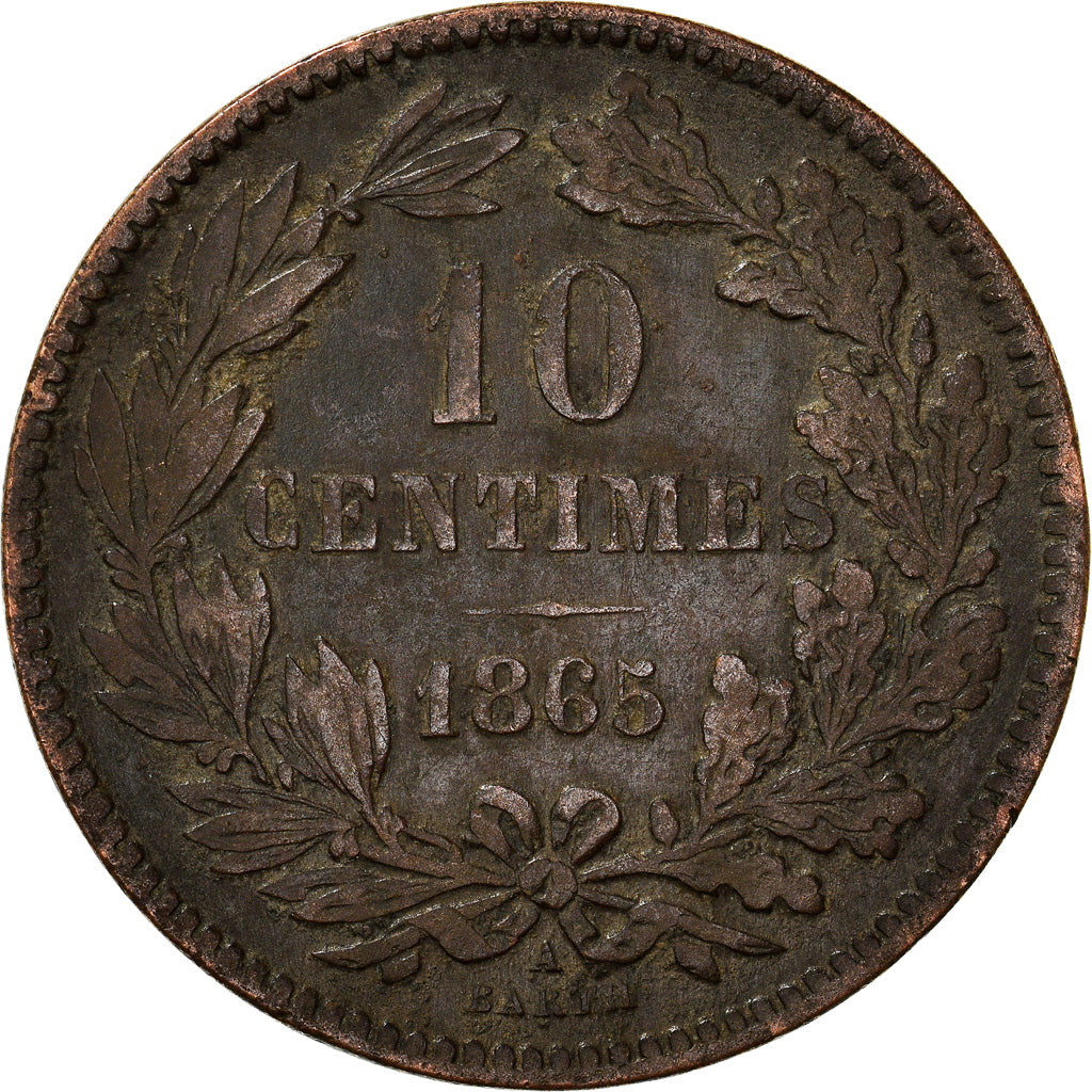 Munten, Luxemburg, William III, 10 Centimes, 1865, Paris, ZF, Bronzen, KM:23.2
