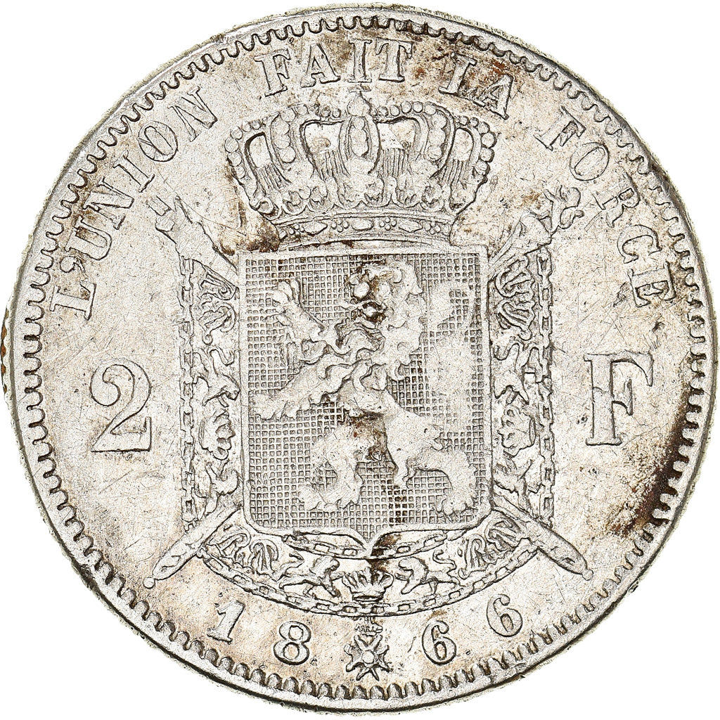 Moneta, Belgia, Leopold II, 2 Francs, 2 Frank, 1866, VF(30-35), Srebro, KM:30.1
