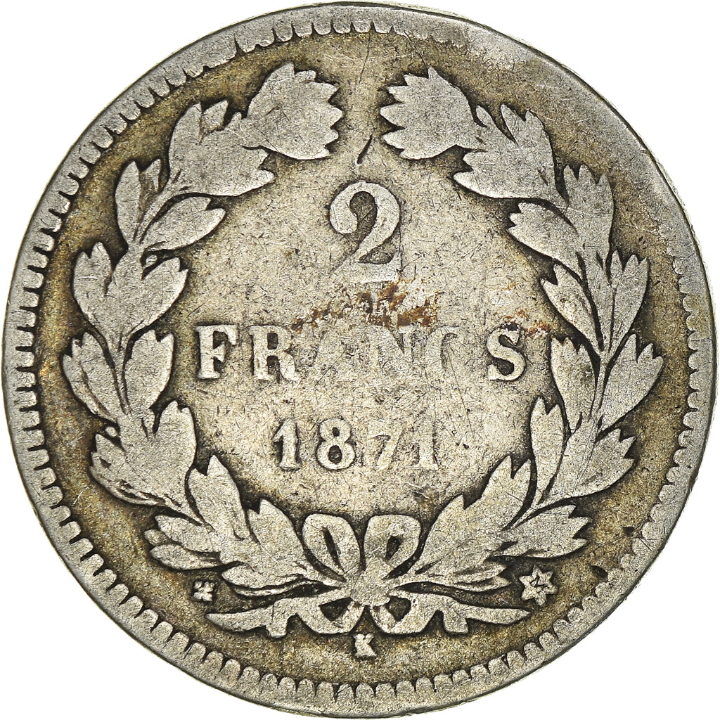 Moneta, Francia, Cérès, 2 Francs, 1871, Bordeaux, B+, Argento, KM:816.2