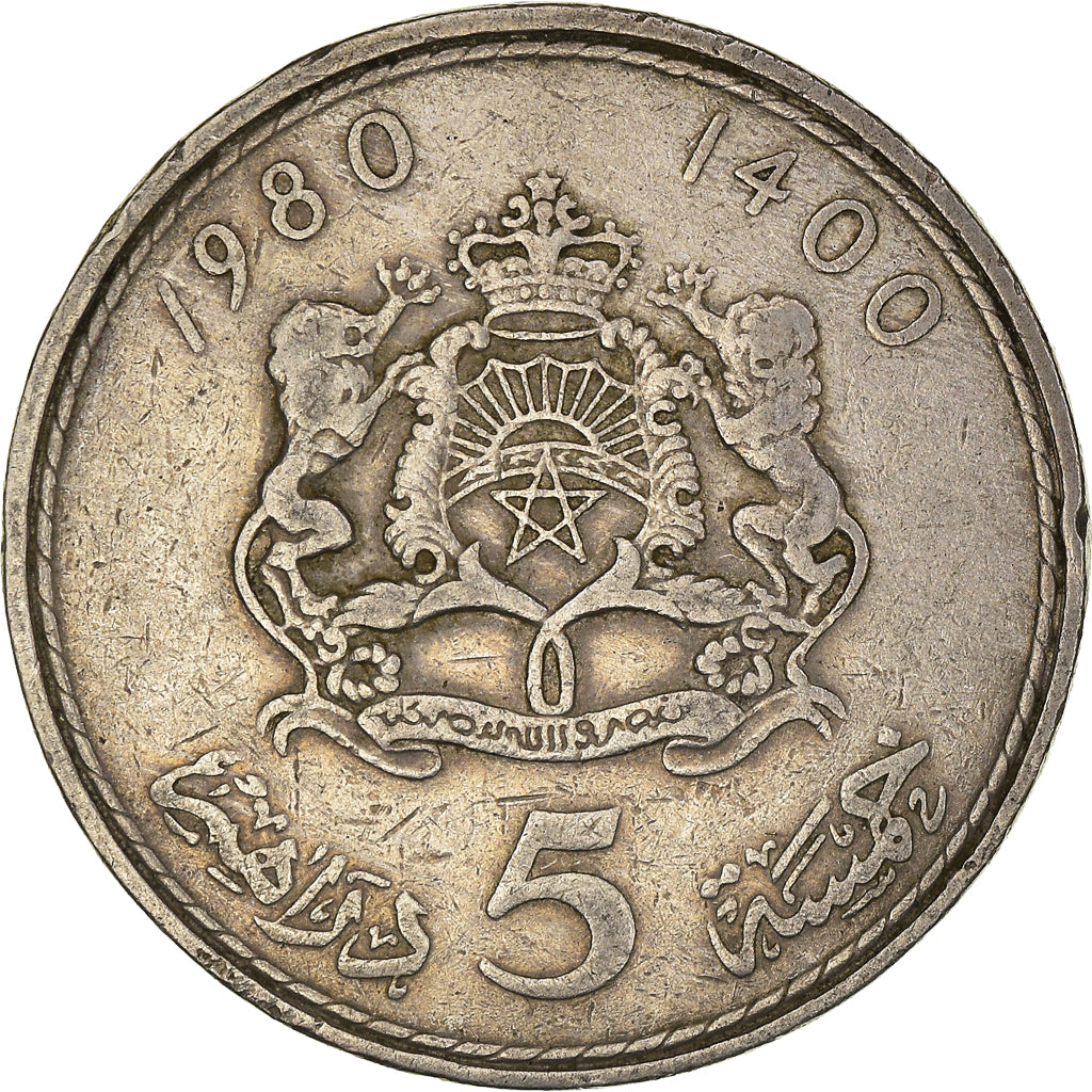 Coin, Morocco, al-Hassan II, 5 Dirhams, 1980/AH1400, EF(40-45), Copper-nickel