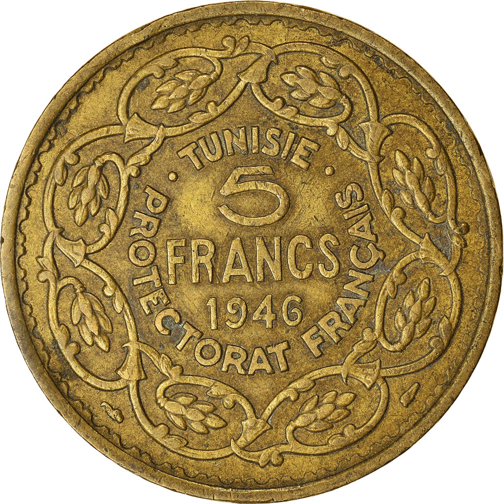 Coin, Tunisia, Muhammad al-Amin Bey, 5 Francs, AH 1365/1946, Paris, EF(40-45)