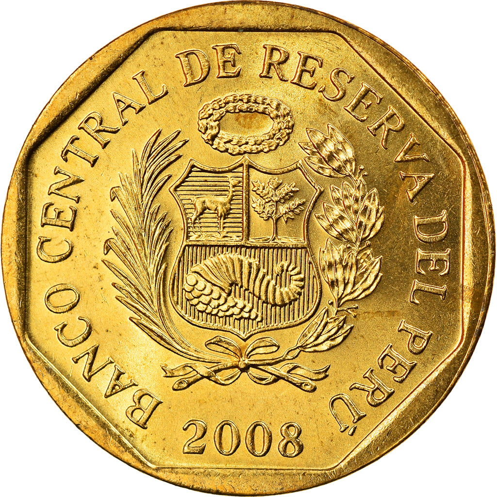 Coin, Peru, 10 Centimos, 2008, MS(63), Brass, KM:305.4