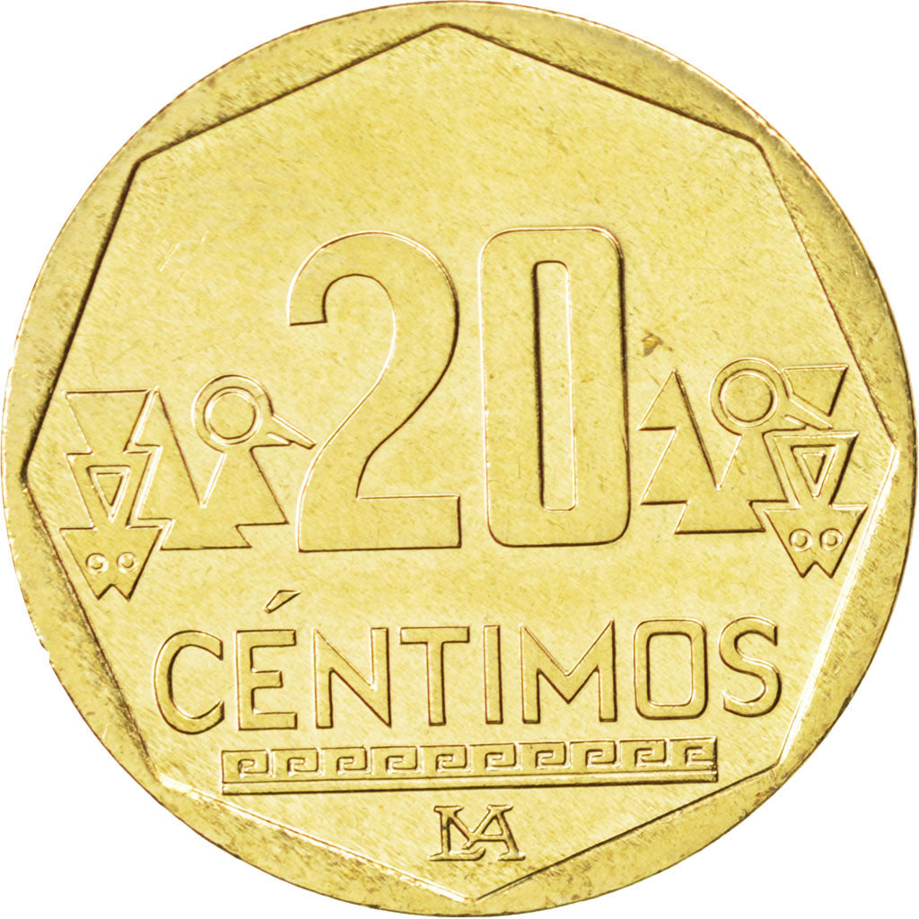 Coin, Peru, 20 Centimos, 2004, MS(63), Brass, KM:306.4