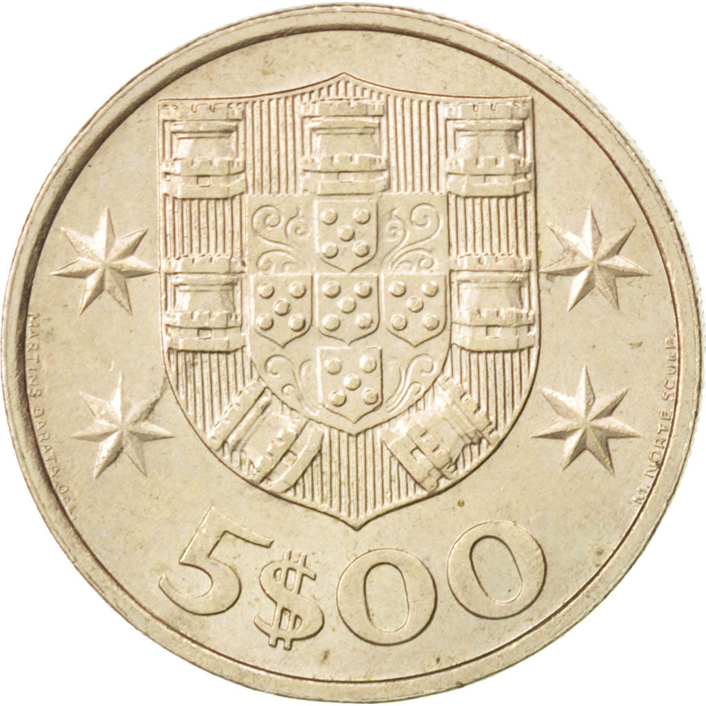 Coin, Portugal, 5 Escudos, 1985, MS(63), Copper-nickel, KM:591