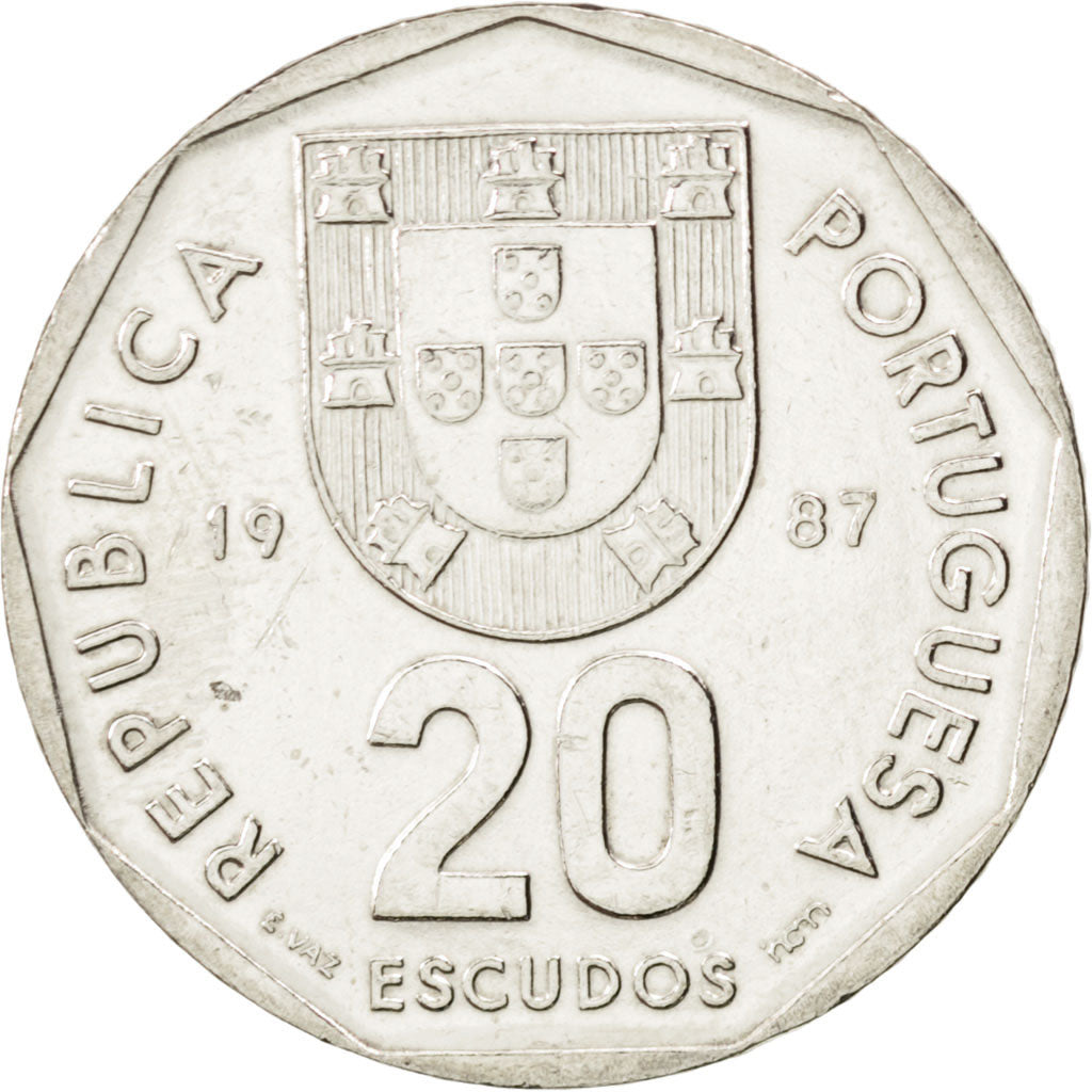 Coin, Portugal, 20 Escudos, 1987, MS(63), Copper-nickel, KM:634.1