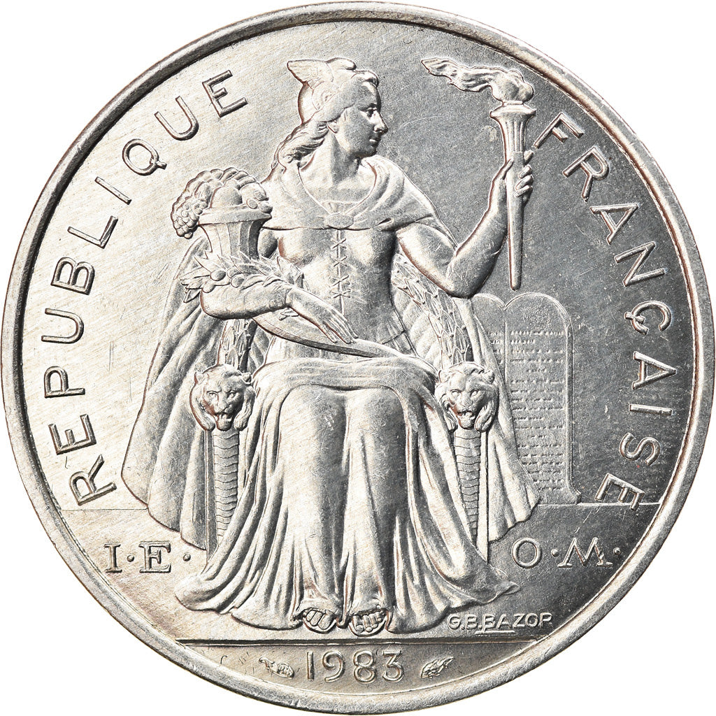 Moeda, Polinésia Francesa, 5 Francs, 1983, Paris, MS(60-62), Alumínio, KM:12