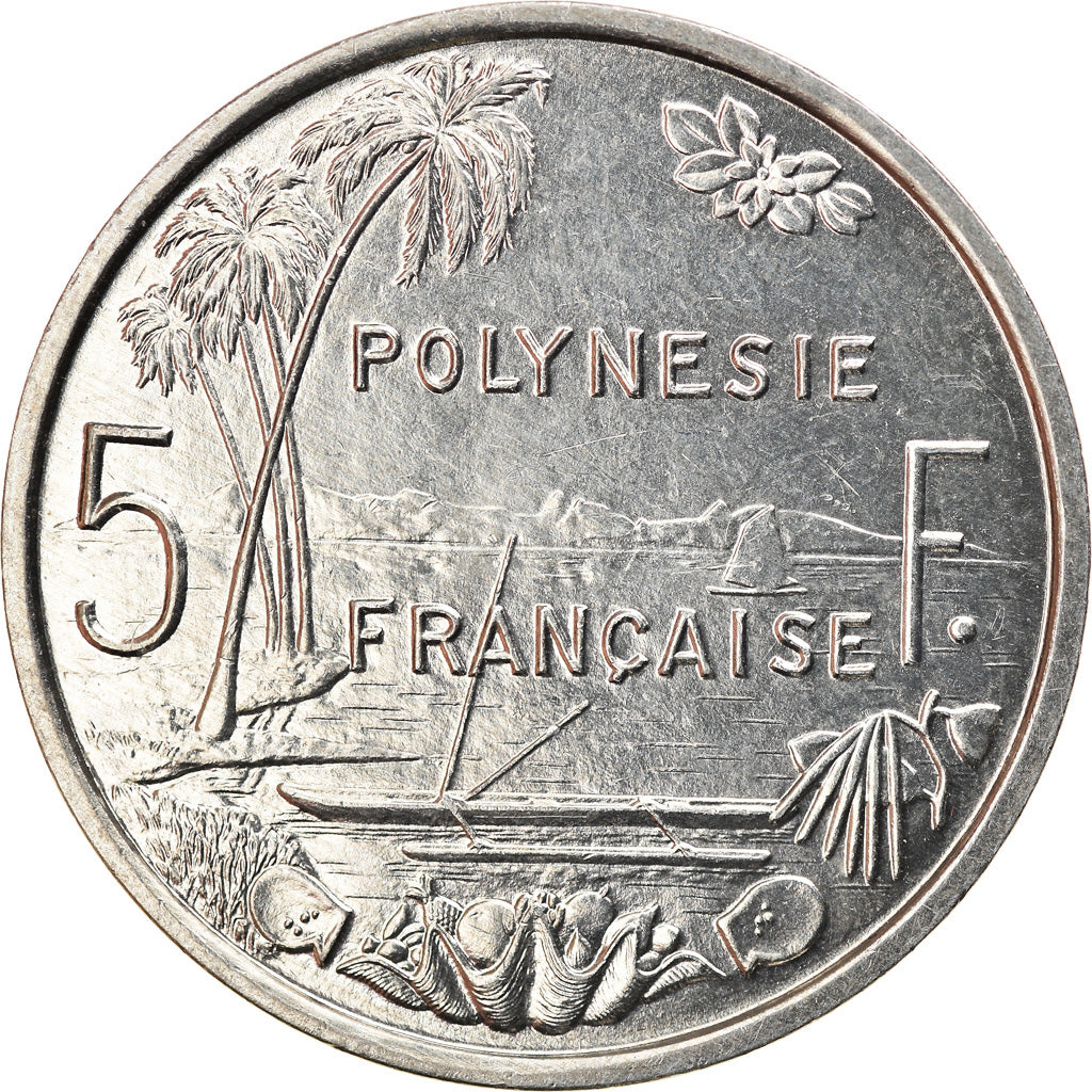 Moeda, Polinésia Francesa, 5 Francs, 1983, Paris, MS(60-62), Alumínio, KM:12