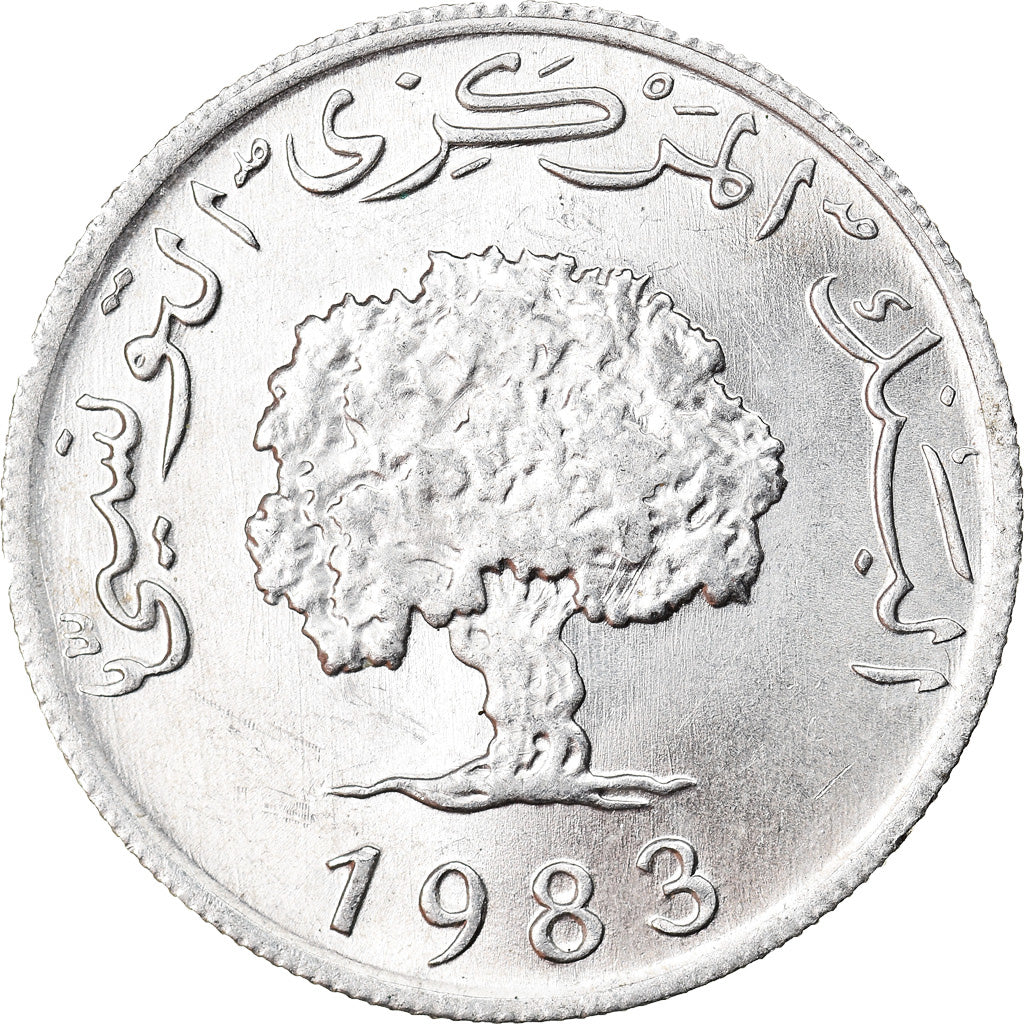 Moeda, Tunísia, 5 Millim, 1983, MS(63), Alumínio, KM:282