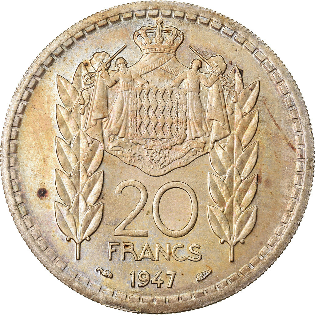 Moneta, Monaco, Louis II, 20 Francs, Vingt, 1947, AU(50-53), Miedź-Nikiel