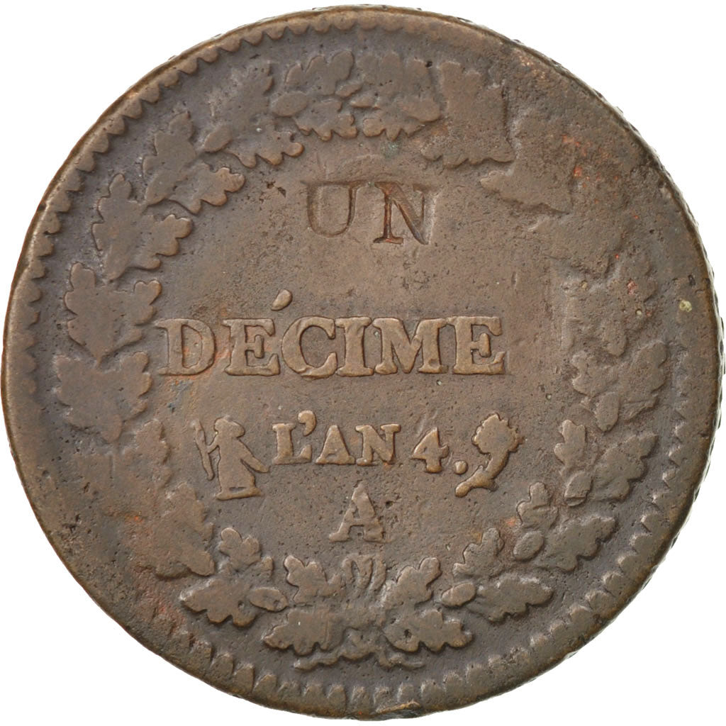 Moneda, Francia, Dupré, Decime, 1795, Paris, BC+, Bronce, KM:637.1, Gadoury:186