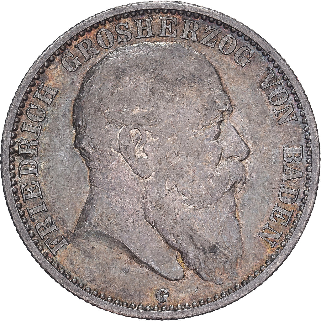 German States, BADEN, Friedrich I, 2 Mark, 1907, Karlsruhe, Silver, AU(50-53)