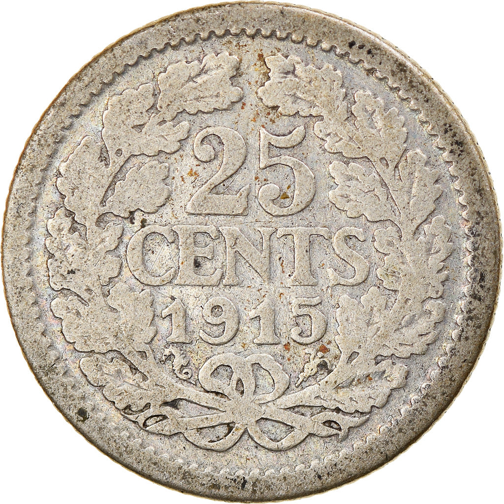 Coin, Netherlands, Wilhelmina I, 25 Cents, 1915, VF(20-25), Silver, KM:146