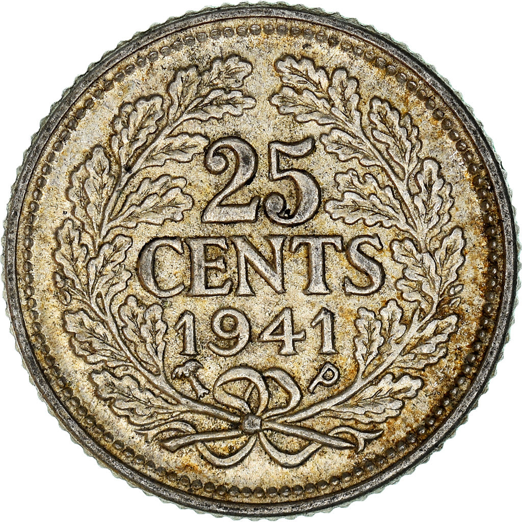 Coin, Netherlands, Wilhelmina I, 25 Cents, 1941, AU(50-53), Silver, KM:164
