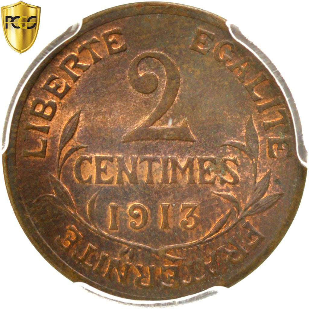 France, 2 Centimes, Daniel-Dupuis, 1913, Paris, Bronze, PCGS, MS62BN