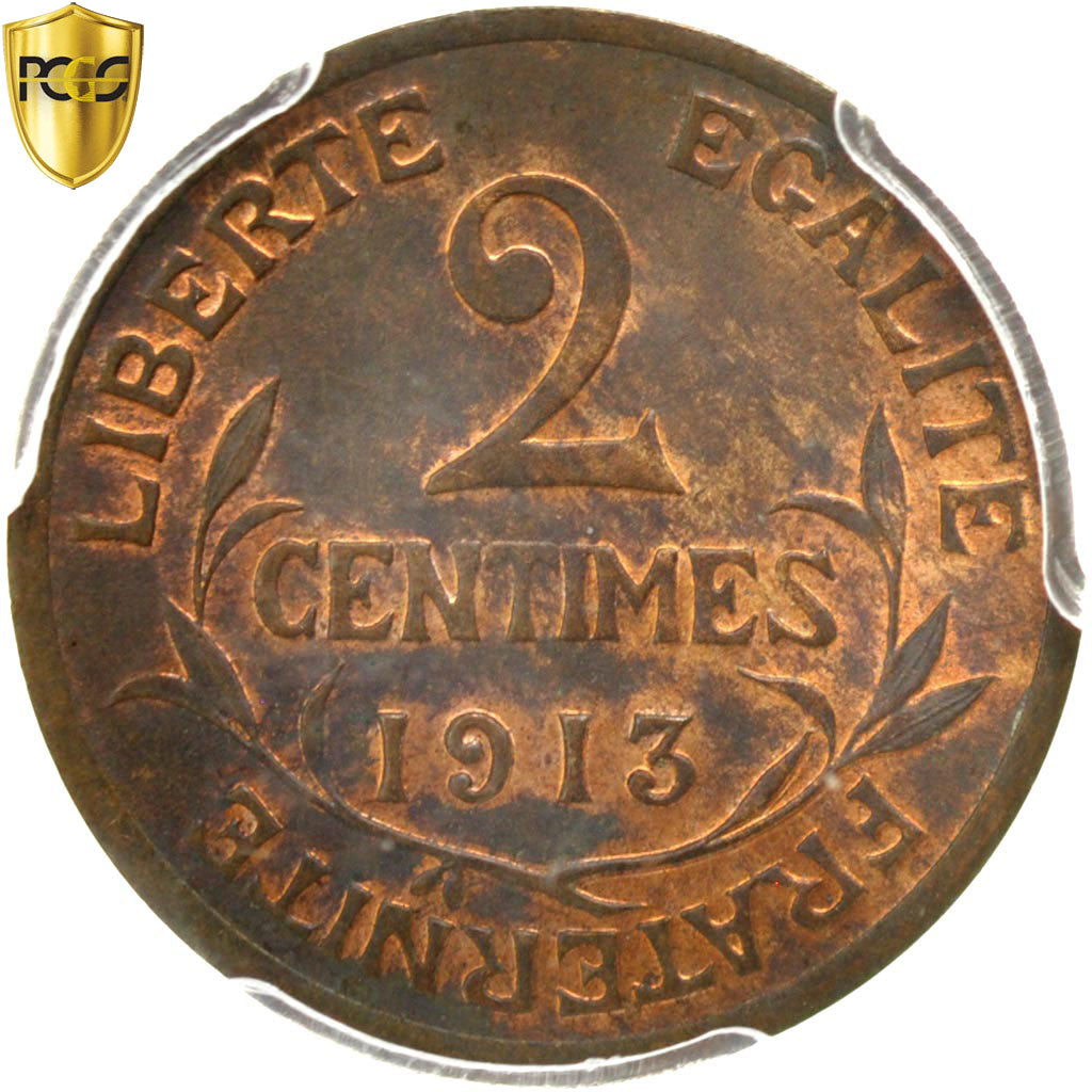 France, 2 Centimes, Daniel-Dupuis, 1913, Paris, Bronze, PCGS, MS63BN