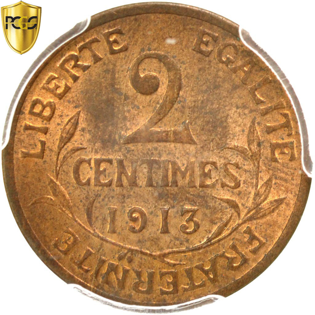 France, 2 Centimes, Daniel-Dupuis, 1913, Paris, Bronze, PCGS, MS63RB