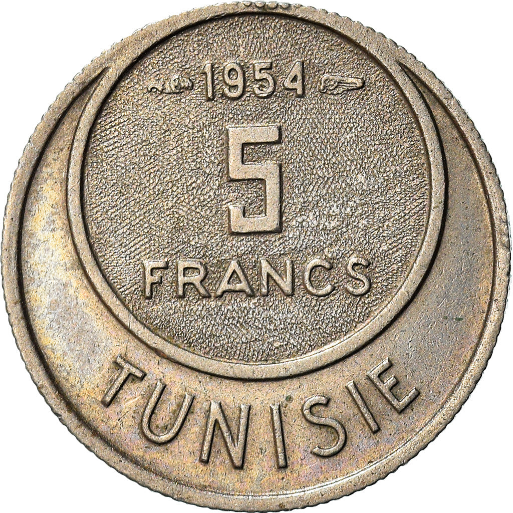 Moneda, Túnez, Muhammad al-Amin Bey, 5 Francs, 1954, Paris, MBC+, Cobre -