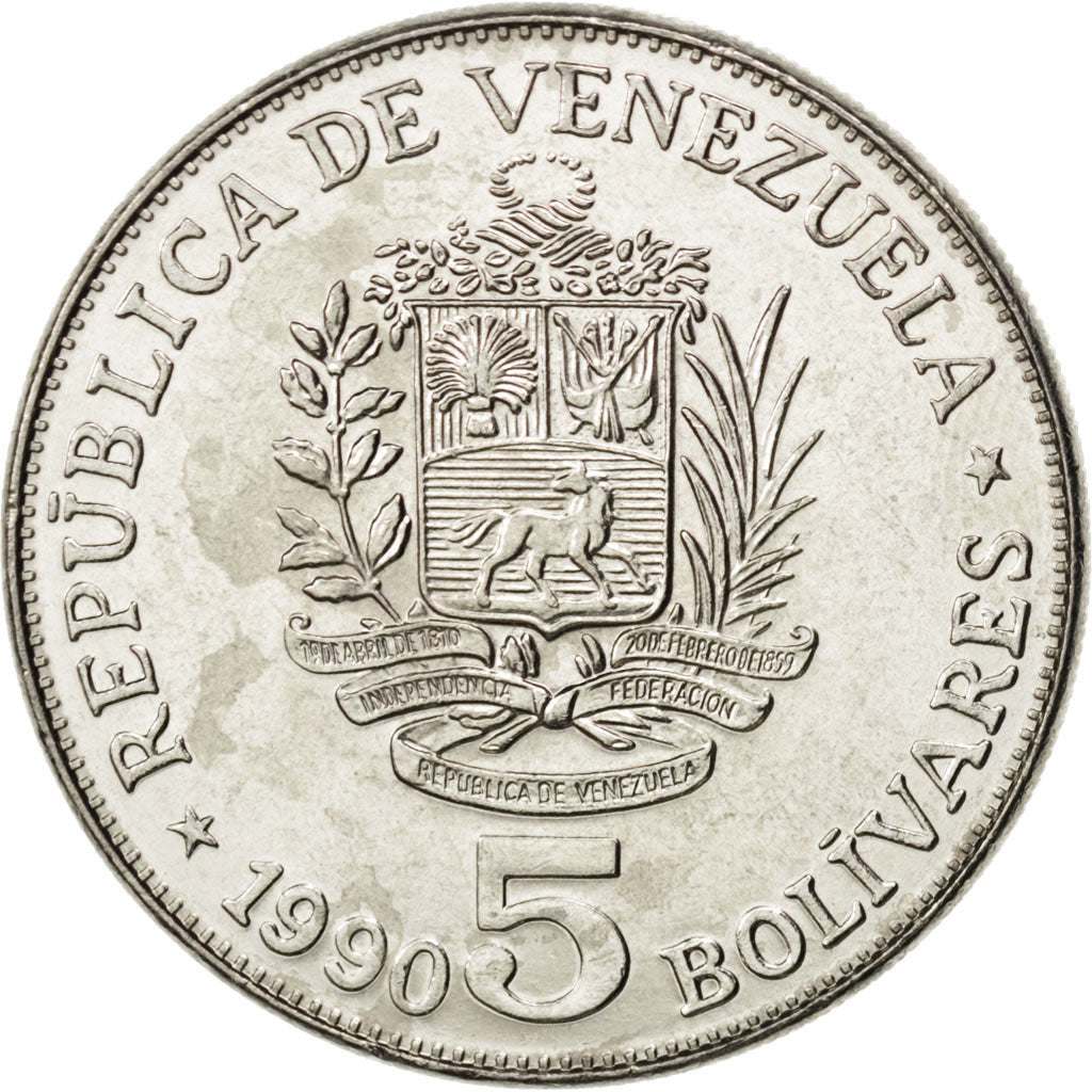 Coin, Venezuela, 5 Bolivares, 1990, MS(63), Nickel Clad Steel, KM:53a.2
