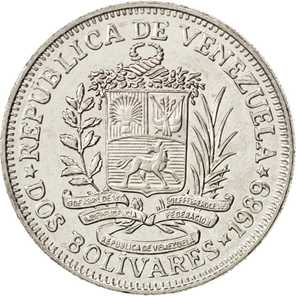 Moneda, Venezuela, 2 Bolivares, 1989, SC, Níquel recubierto de acero, KM:43a.1