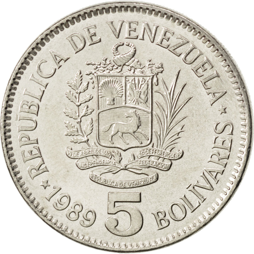 Münze, Venezuela, 5 Bolivares, 1989, UNZ, Nickel Clad Steel, KM:53a.1