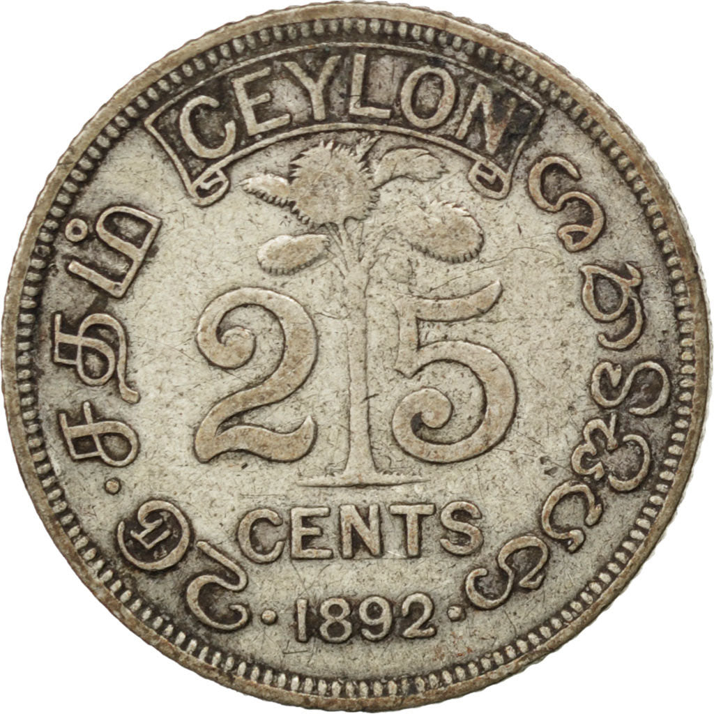 Coin, Ceylon, Victoria, 25 Cents, 1892, VF(30-35), Silver, KM:95