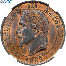France, Napoleon III, 5 Centimes, 1863, Paris, Bronze, NGC, MS64RB, Gadoury:155