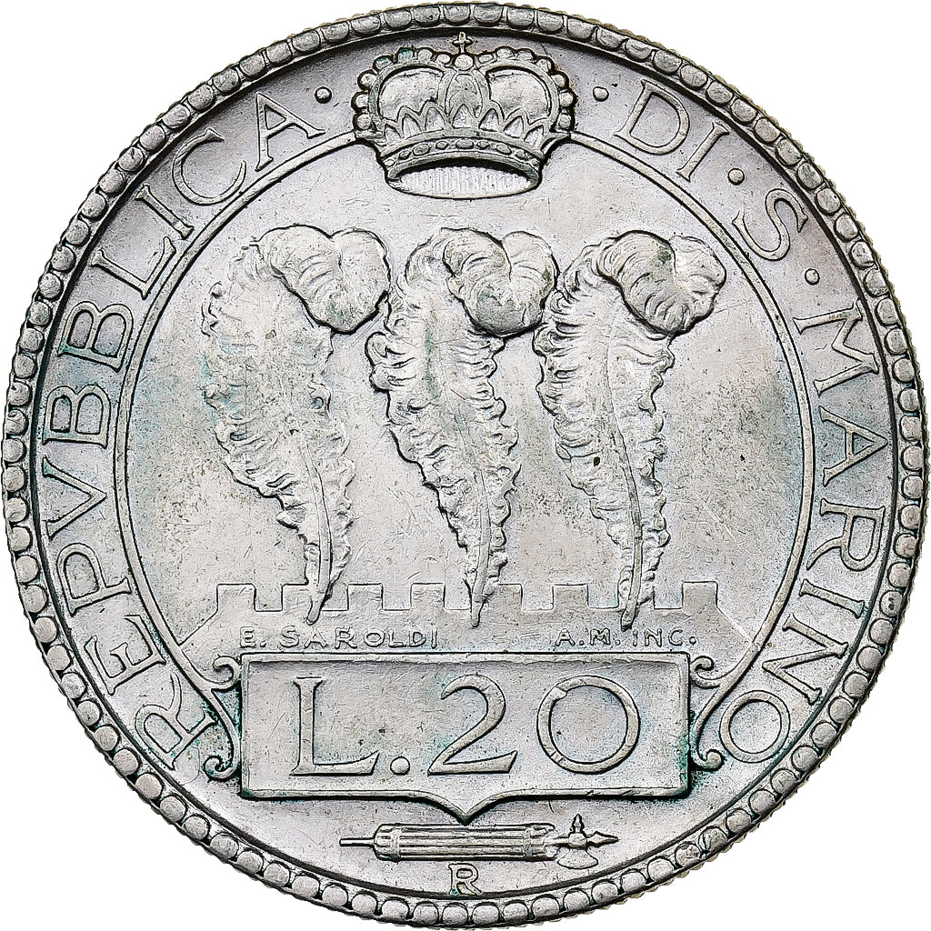 San Marino, 20 Lire, 1932, Rome, Silver, AU(50-53), KM:11